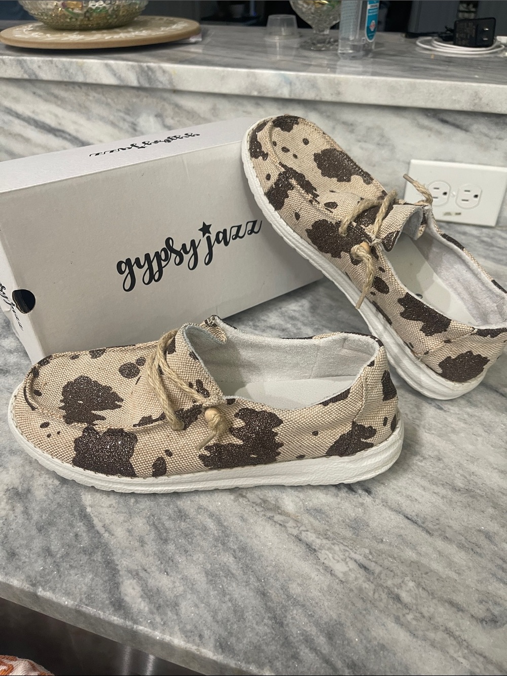 Gypsy Jazz Beige Canvas Slip-On Loafers with Brown Spot Pattern